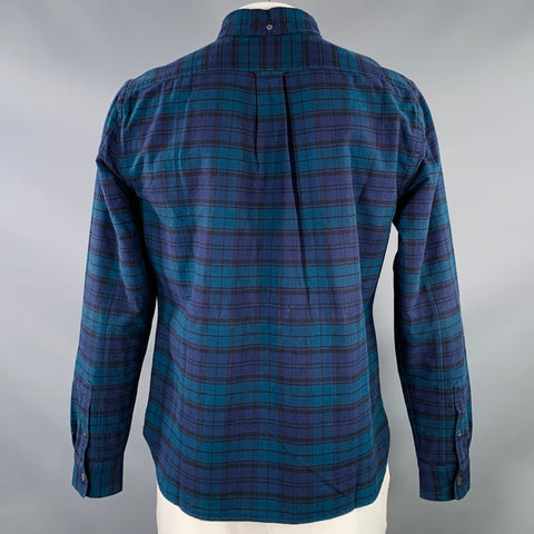 TODD SNYDER Size L Navy Teal Plaid Cotton One Pocket Long Sleeve Shirt