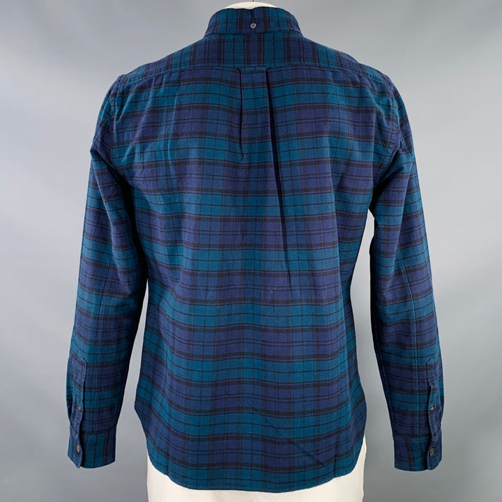 TODD SNYDER Size L Navy Teal Plaid Cotton One Pocket Long Sleeve Shirt