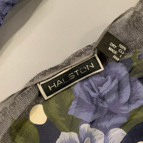 HALSTON Foulard en soie à pois et roses florales bleu vert blanc