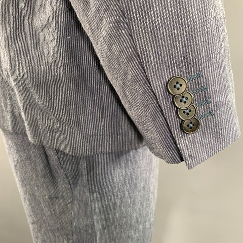 Z ZEGNA Chest Size 48 Navy White Pinstripe Linen Cotton Notch Lapel 38 30 Suit