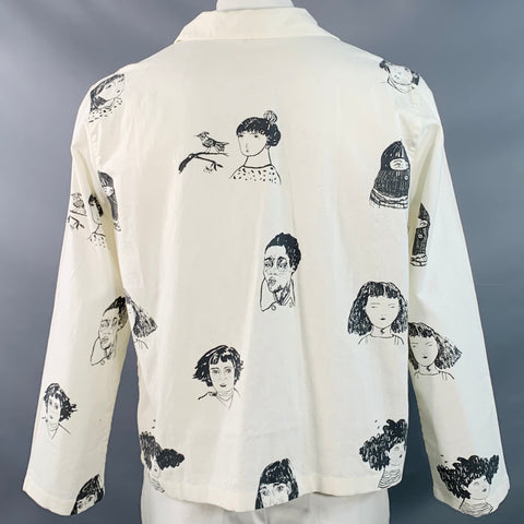 HOMBRE NECIO Size XL Beige Black Figures Print Linen Cotton Jacket