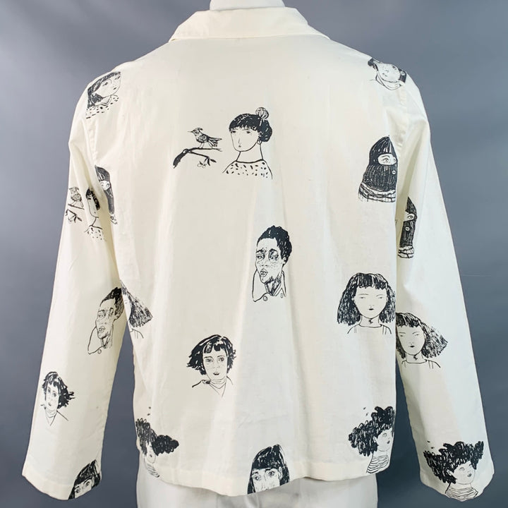 HOMBRE NECIO Size XL Beige Black Figures Print Linen Cotton Jacket
