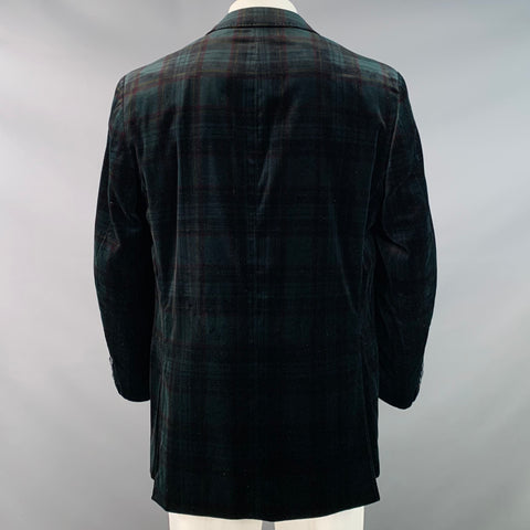 KROON Size 42 Long Green Red Plaid Cotton Velvet Peak Lapel Sport Coat