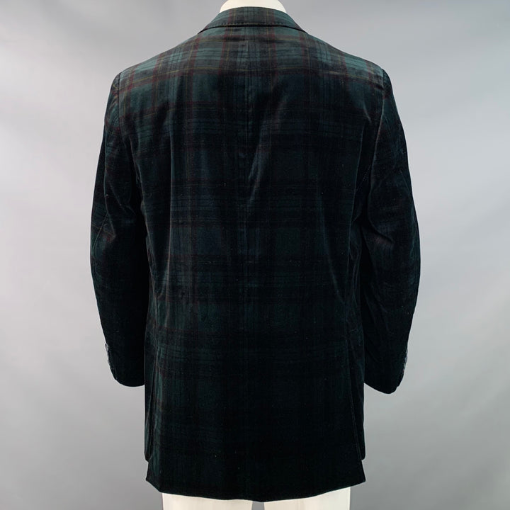 KROON Size 42 Long Green Red Plaid Cotton Velvet Peak Lapel Sport Coat