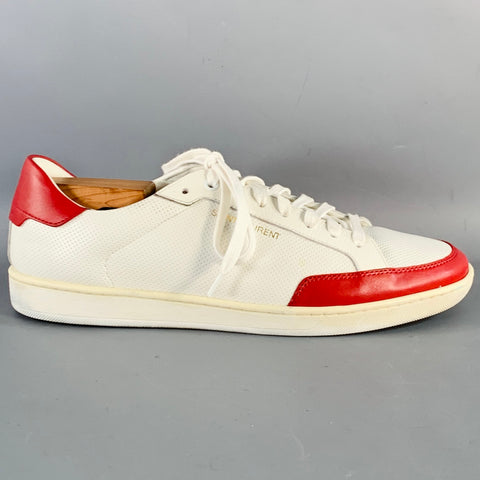 SAINT LAURENT Size 10 White Red Perforated Leather Color Block Low Top Sneakers