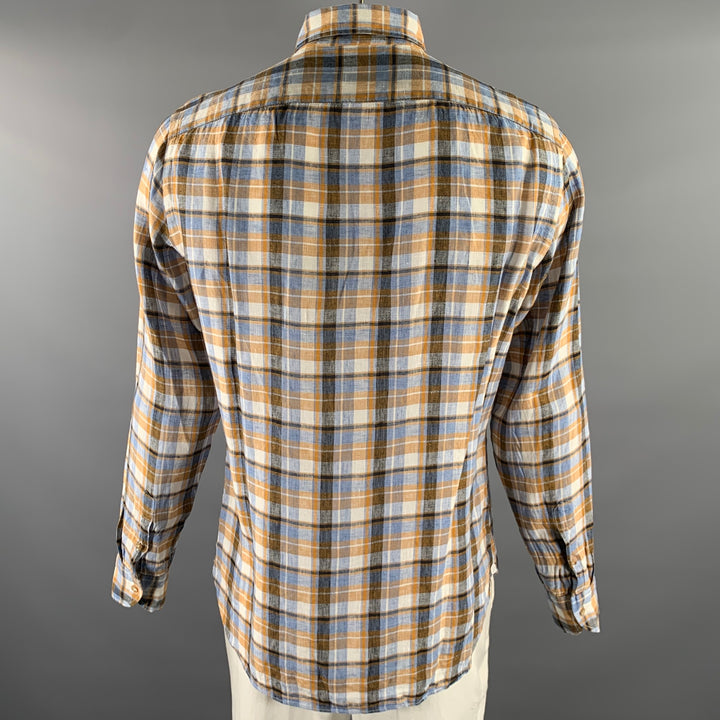 Chemise à manches longues BORRIELLO en lin à col italien à carreaux bleu, orange et blanc, taille XL