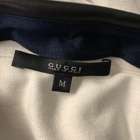 GUCCI Size M White Black Mixed Fabrics Cotton Leather Hidden Buttons Polo