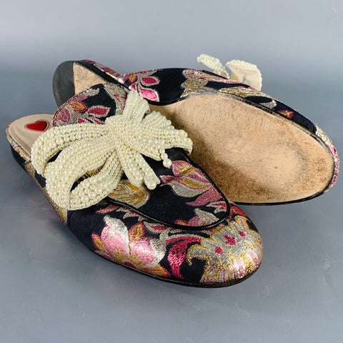 GUCCI Size 9.5 Princetown Black Multi Color Faux Pearl Bows Slip On Flats