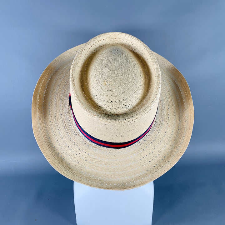 VINTAGE Size L Beige Navy Red Ribbon Trim Woven Straw Hat