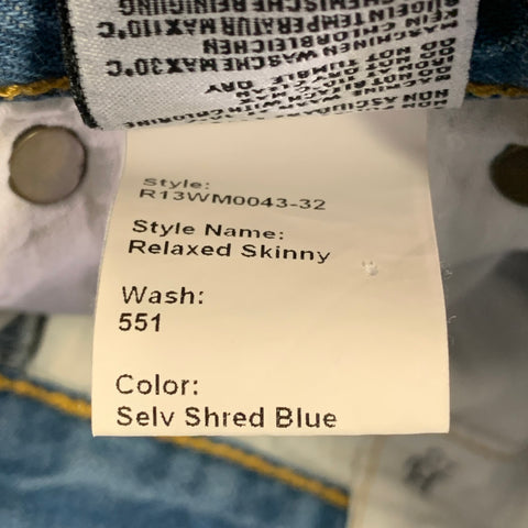 R13 Size 26 Relaxed Skinny Blue Selvedge Denim Twill Distressed Jeans