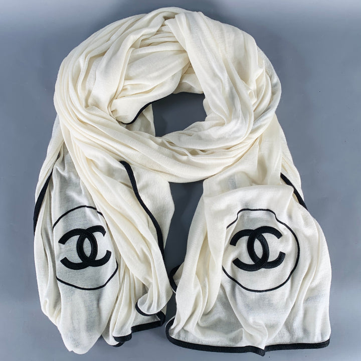 CHANEL Cream Black CC Monogram Cashmere Silk Scarf