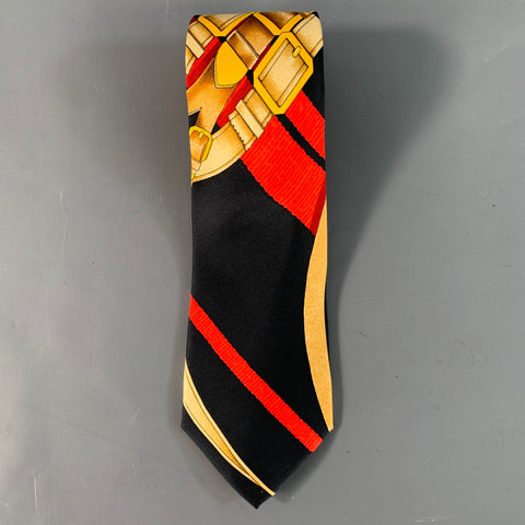 HERMES Black Red & Gold Equestrian Silk Tie