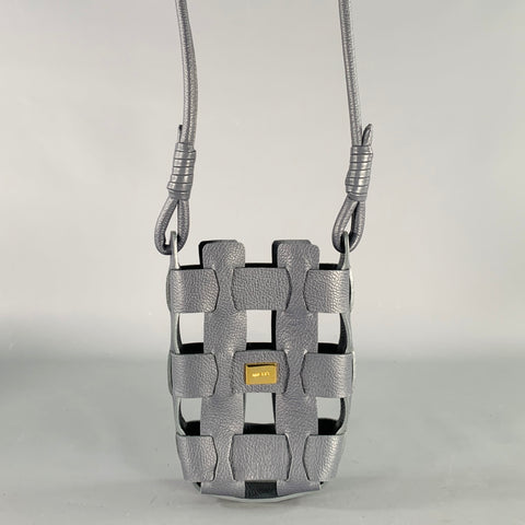 MICHU Grey Cream Woven Leather Cotton Crossbody Drawstring Handbag