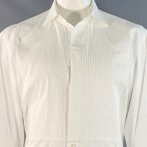 BORRELLI Size L White Pleated Cotton French Cuffs Tuxedo Long Sleeve Shirt