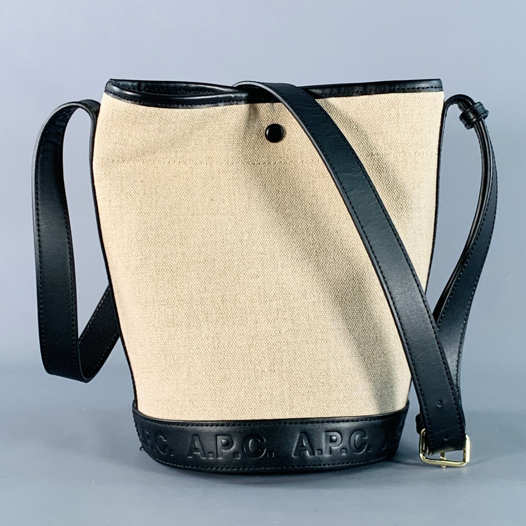 A.P.C. Beige Black Jute Cotton Leather Trim Crossbody Bucket Bag