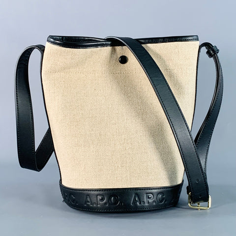 A.P.C. Beige Black Jute Cotton Leather Trim Crossbody Bucket Bag