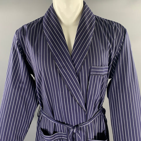 ERMENEGILDO ZEGNA Size S Navy White Pinstripe Cotton Belted Robe