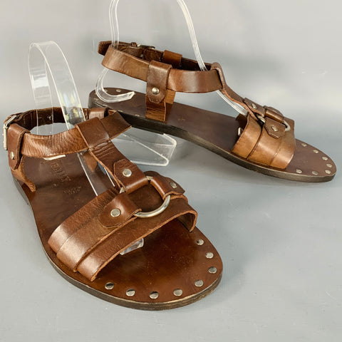 BALLY Size 6.5 Lurago Brown Silver Leather Studded Sandals