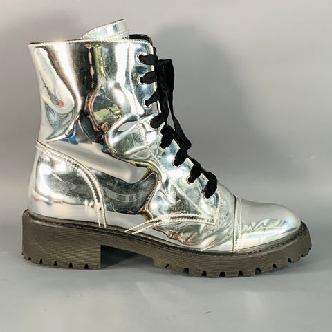 ALEXANDRE VAUTHIER Size 10 Metallic Silver Lace-Up Combat Boots