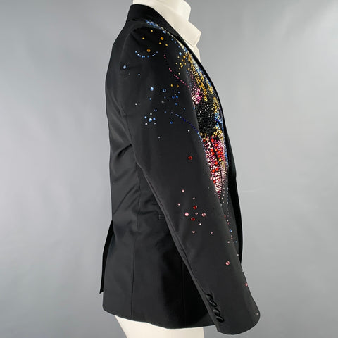 EMPORIO ARMANI SS20 Size 38 Black Multi Color Rhinestone Virgin Wool Tuxedo Jacket