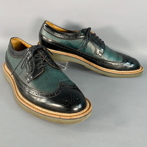 PAUL SMITH Size 10 Black Green Perforated Pebble Grain Leather Wingtip Lace-Up Shoes