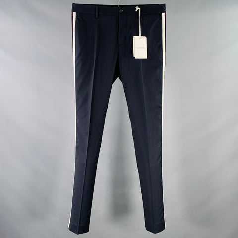VALENTINO 2019 Size 30 Navy Burgundy White Wool Mohair Tapered Zip Fly Dress Pants