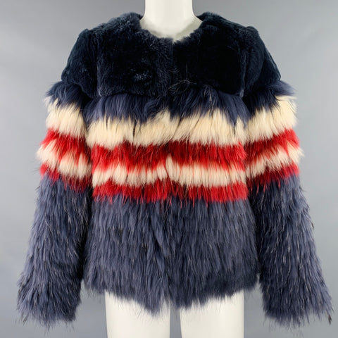 TWIN SET Size 4 Navy Red White Stripe Fur Jacket