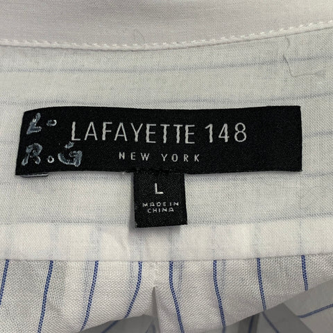 LAFAYETTE 148 Size L White Blue Cotton Pinstripe Sheer Spread Collar Shirt