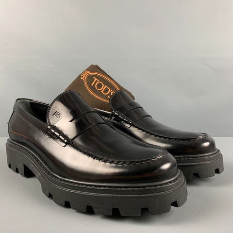TOD'S Talla 11.5 Mocasines con suela deportiva de cuero macizo negro