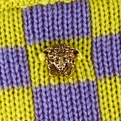 VERSACE Size S Yellow Lavender Wool Blend Checkered Crew Neck Casual Top