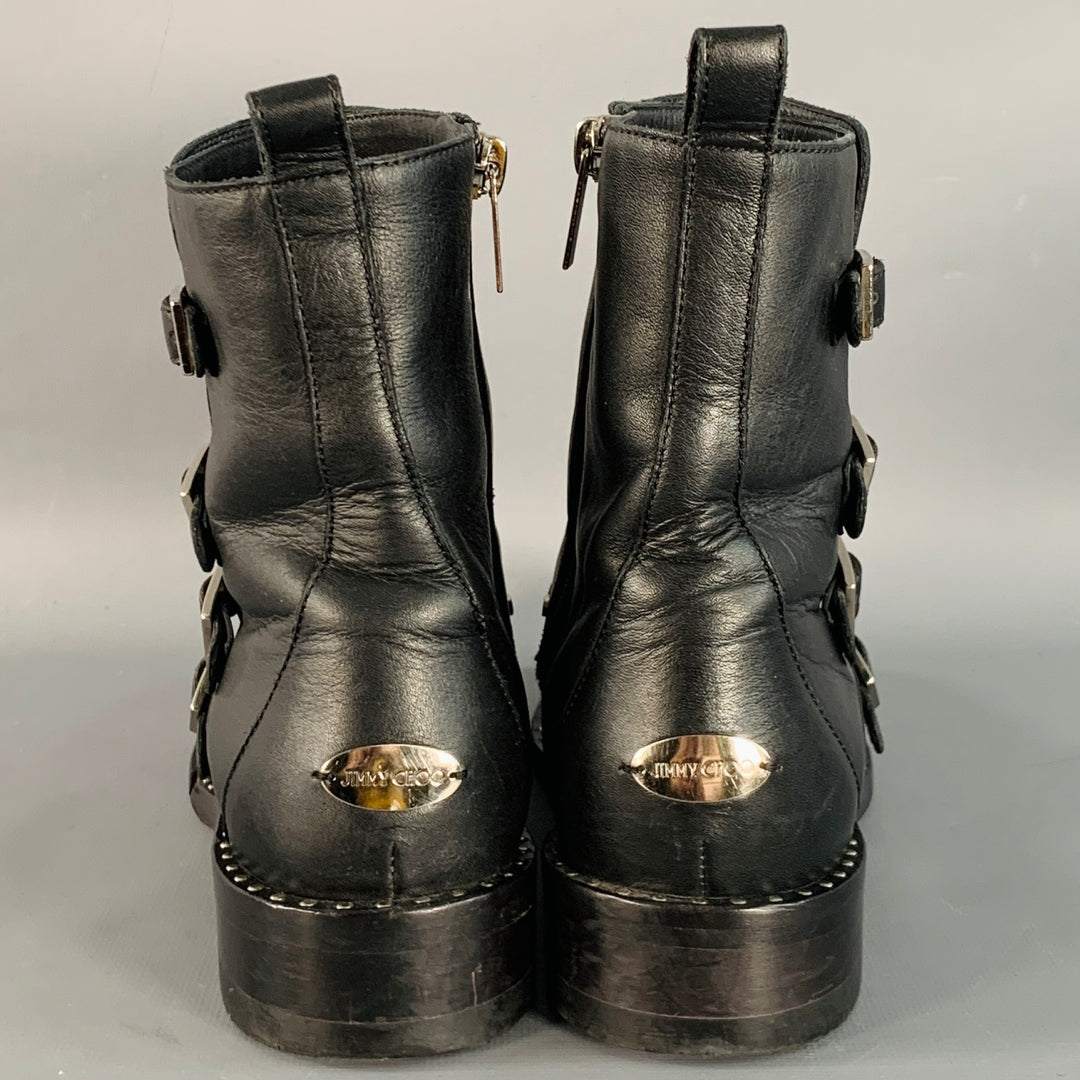 JIMMY CHOO Size 7.5 Black Leather Studded Belted Side Zipper Ankle Boots