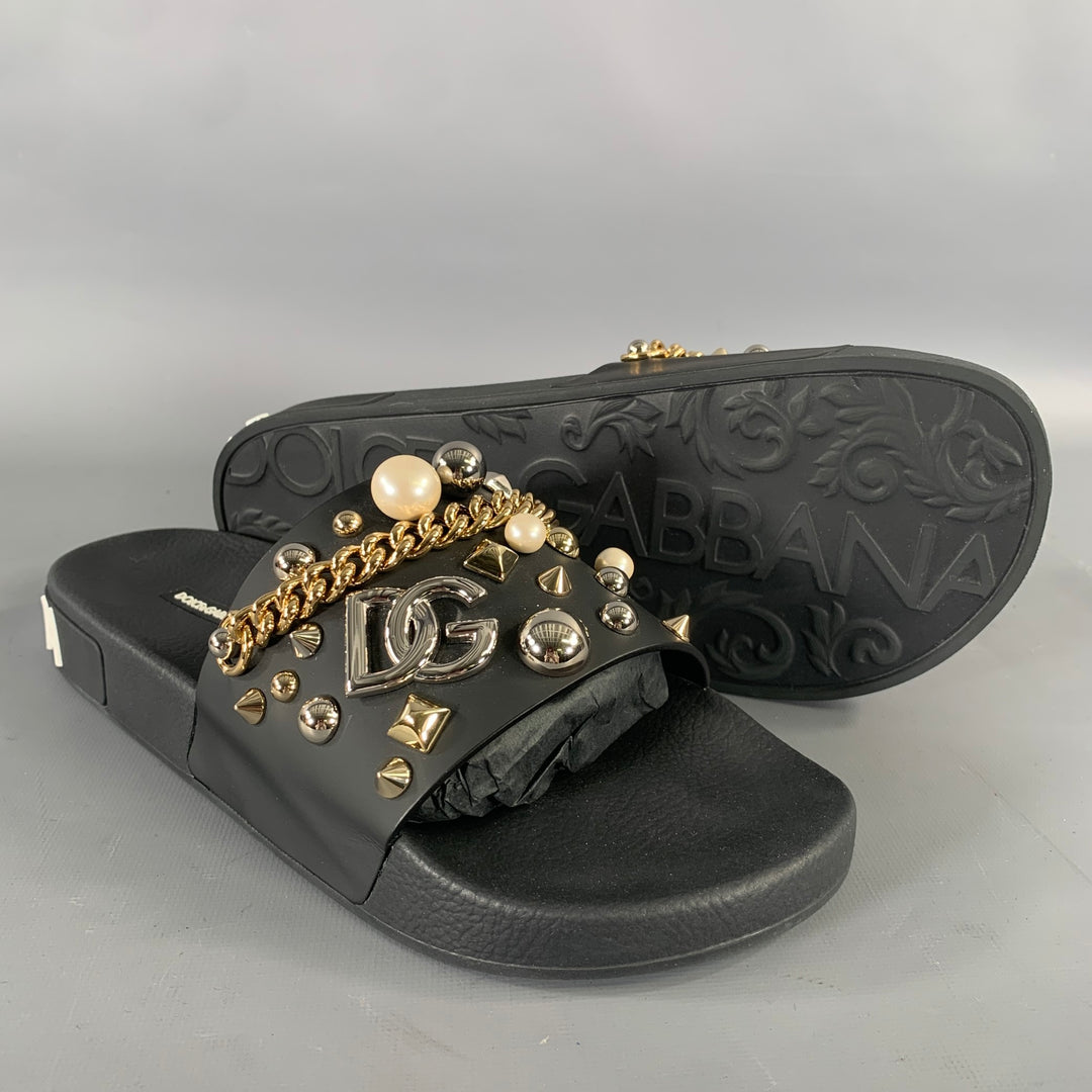 DOLCE & GABBANA Size 9 Black Metallic Studded Slide Sandals