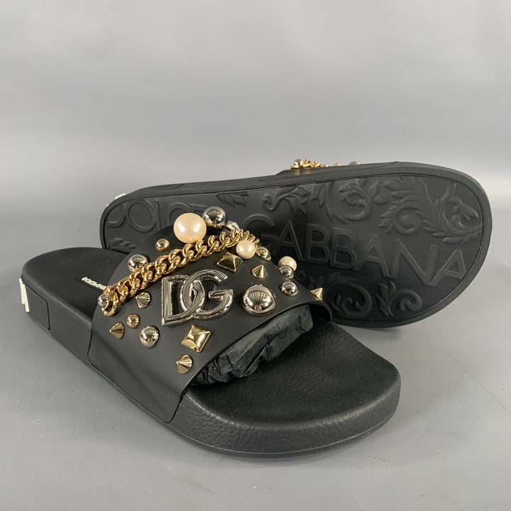 DOLCE & GABBANA Size 9 Black Metallic Studded Slide Sandals