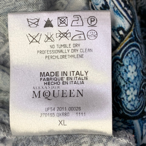 ALEXANDER MCQUEEN Size XL Blue White Black Skulls Kintsugi Cotton Slim Fit Short Sleeve T-shirt