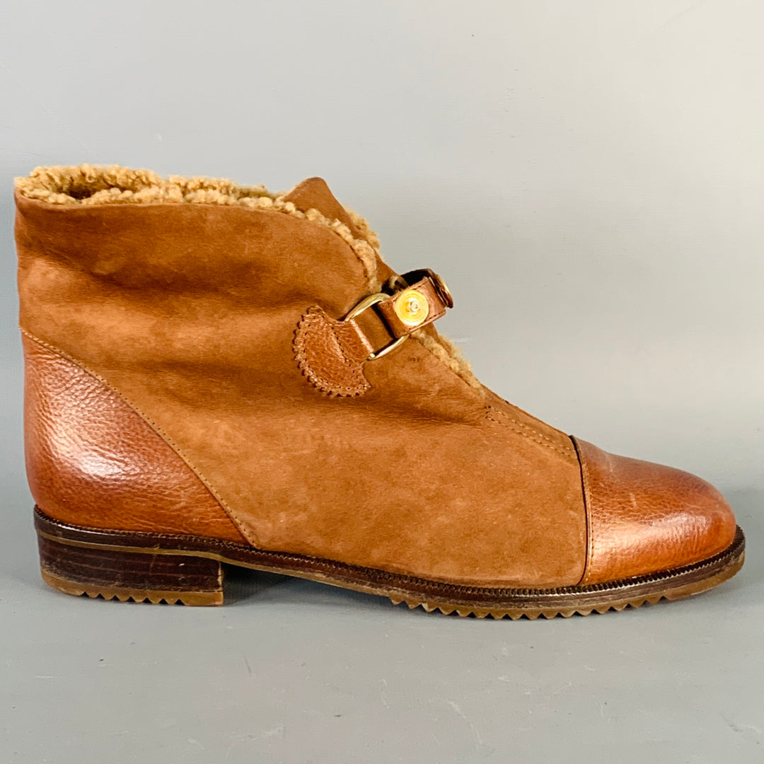 BOTTEGA VENETA Size 8 Camel Leather Suede Fleece Lined Buckle Booties