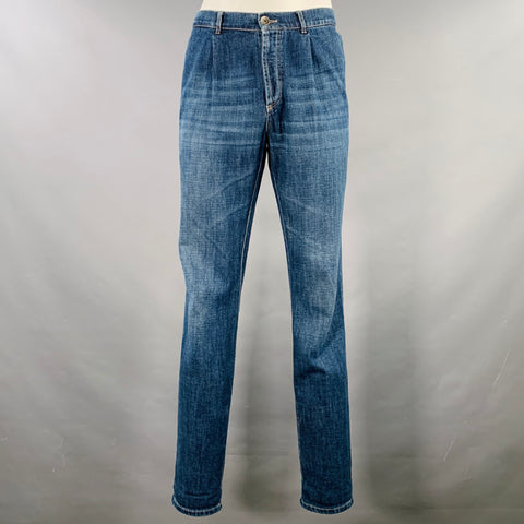 BRUNELLO CUCINELLI Taille 35 Jean droit en denim indigo à surpiqûres contrastantes