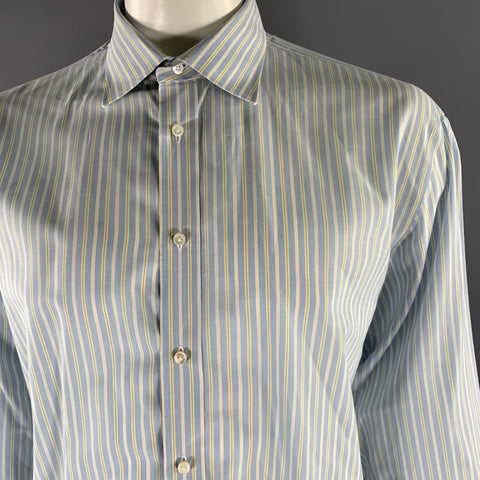 BERGDORF GOODMAN Size XL Blue Yellow Stripe Cotton Long Sleeve Shirt