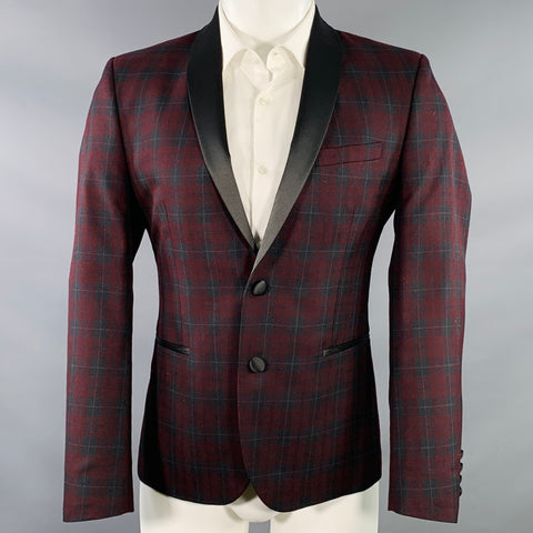 NICK GRAHAM Size 38 New York Cut Burgundy Black Checkered Polyester Blend Shawl Collar Tuxedo Jacket