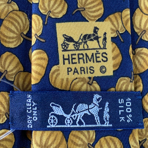 HERMES Navy Beige Pumpkins Silk Tie