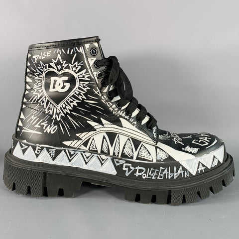 DOLCE & GABBANA Size 8 Black White Painted Chunky Lug Sole Combat Boots