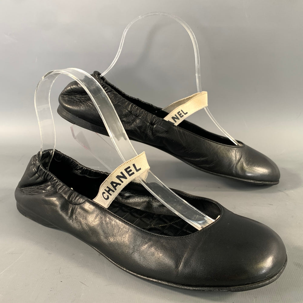CHANEL Size 9.5 Black Leather Ballet Flats