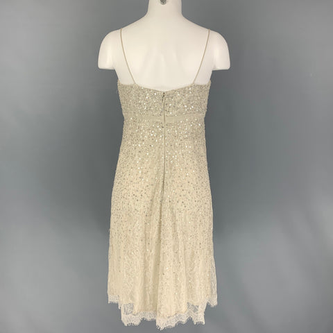 CARMEN MARC VALVO Talla 6 Vestido de cóctel con tirantes finos y lentejuelas de encaje blanco roto