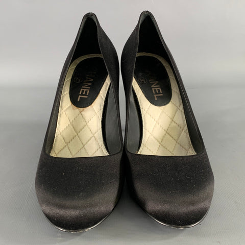 CHANEL Size 7.5 Black Satin Round Toe Pumps
