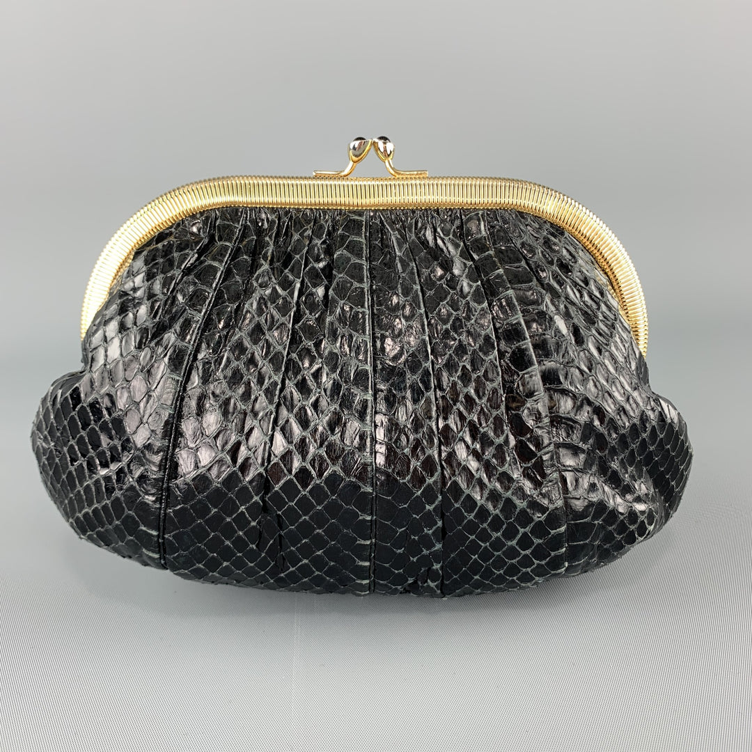 JUDITH LEIBER Ruched Black Snake Skin Evening Clutch Handbag