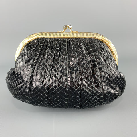 JUDITH LEIBER Ruched Black Snake Skin Evening Clutch Handbag
