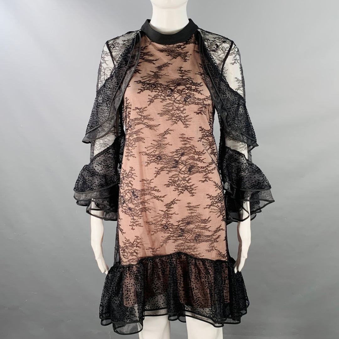 NHA KHANH Size 6 Black Nude Polyester Ruffled Long Sleeve Lace Cocktail Dress NHA KHANH Size 6 Black Nude Polyester Ruffled Long Sleeve Lace Cocktail Dress