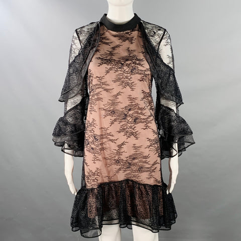 NHA KHANH Size 6 Black Nude Polyester Ruffled Long Sleeve Lace Cocktail Dress