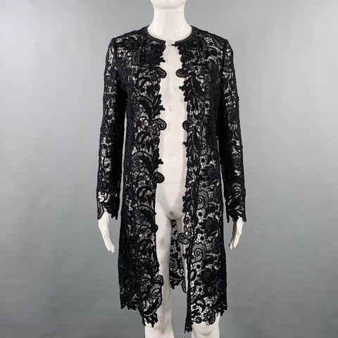 RALPH LAUREN Size 4 Black Cotton Lace Leather Trim Open Front Coat
