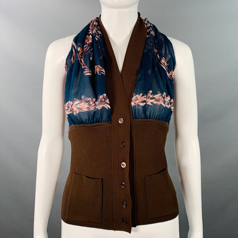HERMES Size S/M Brown Cobalt Viscose Blend Silk Scarf Halter Dress Top