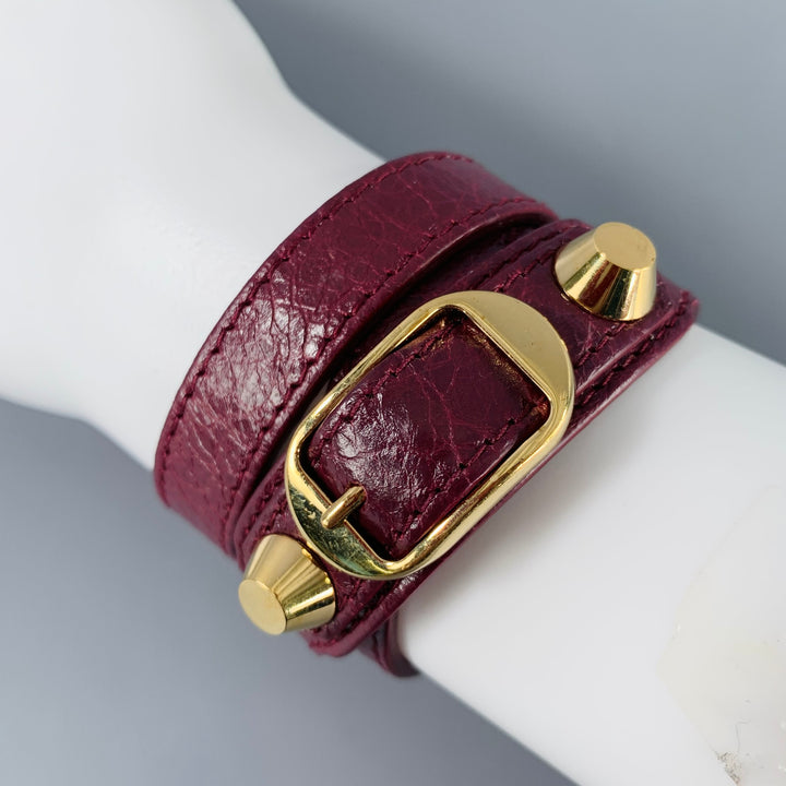 BALENCIAGA Burgundy Gold Studded Leather Bracelet